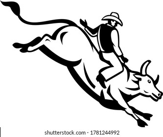 American Bull Rider Riding a Bucking Bull Retro Black and White