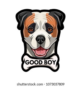 American Bulldog. Bone. Good boy inscription. American Bulldog with bone. Dog portrait. Vector illustration