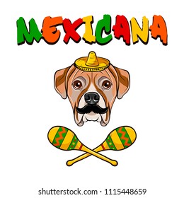 American Bulldog dog. Sombrero, Meracas, Mustache. Mexicana inscription. Mexico symbols. Vector illustration.