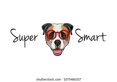 American bulldog geek. Smart glasses. Super smart lettering. Dog nerd. Vector illustration