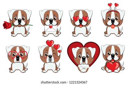 american bulldog puppy. a set of dogs with hearts to the Valentine s Day