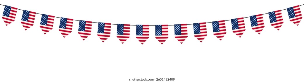 American bunting flags. Design elements for decoration of greetings cards, invitations, interior decor etc. Vector illustration.