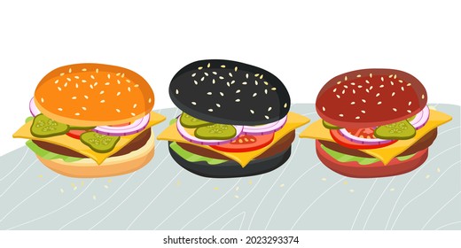 American Burge set isolated on table. Different types of hamburger. Three various burger buns. Fast food. Flat design for menu cafe, restaurant, poster, sticker. Burgers