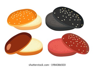 American Burger bun set isolated on white background. Empty hamburger. Bakery product. Different types of Round bakery food. Flat design for menu cafe, restaurant, poster, sticker. Burger ingredient