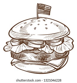 American burger isolated sketch hamburger with flag of America