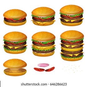 American Burgers All Size/
Illustration of a set of various sized burgers, with combinations from classic hamburger to super giant burger