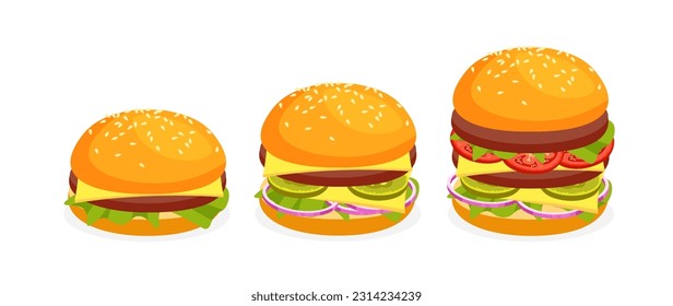 American burgers different size. Set of various hamburger with cheese, tomatoes, chop, lettuce, onion. Fast food or junkfood meal.