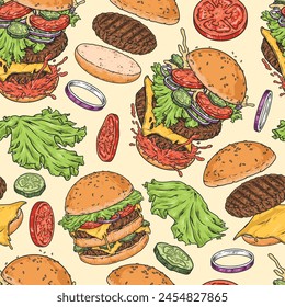 Patrón de hamburguesas americanas sin fisuras coloridas con delicioso sándwich roto en ingredientes de queso y pepinillos o Ilustración vectorial de tomates