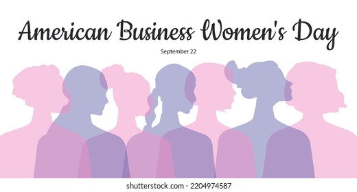 American Business Women's Day. September 22nd. Silhouettes of women in transparent purple color on a white horizontal banner. Vector.