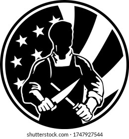 American Butcher Sharpening Knife With USA Flag Circle Retro Black and White