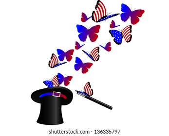 American butterflies flying in magic hat