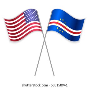 American and Cabo Verdean crossed flags. United States of America combined with Cape Verde isolated on white. Language learning, international business or travel concept.