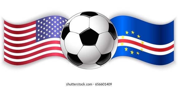 American and Cabo Verdean wavy flags with football ball. United States of America combined with Cape Verde isolated on white. Football match or international sport competition concept.