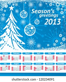 American Calendar 2013 with US Holidays. Sunday week start. Blue background with christmas tree, balls and snowflakes