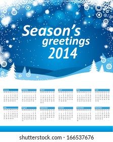 American Calendar 2014. Sunday week start. Vector blue christmas landscape