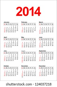American calendar for 2014 in vector
