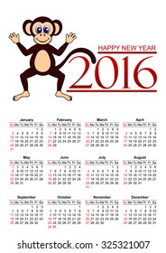 American calendar 2016 in vector isolated on white background. Happy New year 2016! The Year of the monkey