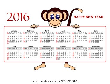 American calendar 2016 in vector isolated on white background. Happy New year 2016! The Year of the monkey