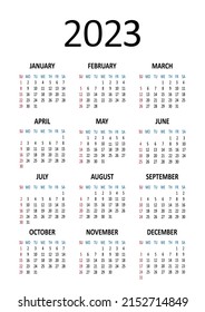 American calendar 2023 year. Week starts on Sunday. Vector illustration