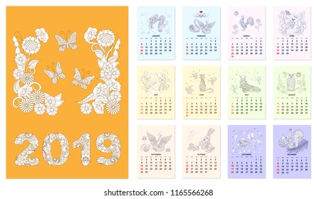 American calendar for desk or wall 2019 year. Set of the 12-month isolated pages with hand drawn zen-tangle illustrations. English language. Week starts on Sunday. eps 10