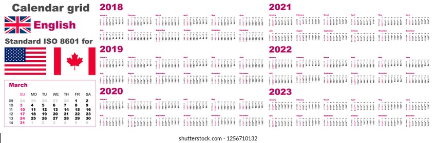 American calendar standard US. English language pattern for 2018 2019 2020 2021 2022 2023 week starts on Sunday, USA vector.