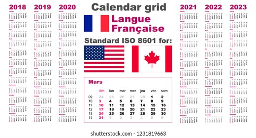 American calendar standard US. French, gaulish language 2018 2019 2020 2021 2022 2023 week starts on Sunday, USA vector.