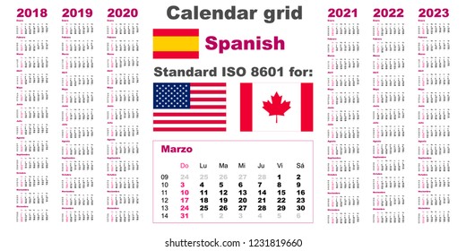 American calendar standard US. Spanish hispanic language 2018 2019 2020 2021 2022 2023 week starts on Sunday, USA vector.