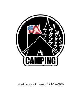 American Camping logo. Emblem for accommodation camp. USA flag. Landscape with tent and forest. Fire at booth
