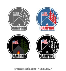 American Camping logo set day and night. Emblem for accommodation camp. USA flag. Landscape with tent and forest. Fire at booth. Sun and moon
