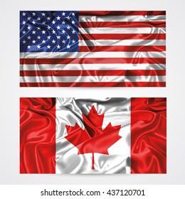 American And Canadian Flag Vector Illustration, White Background