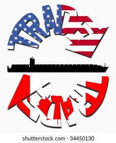 American and Canadian trade with flags and container ship