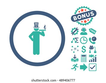 American Capitalist icon with bonus clip art. Vector illustration style is flat iconic bicolor symbols, cobalt and cyan colors, white background.