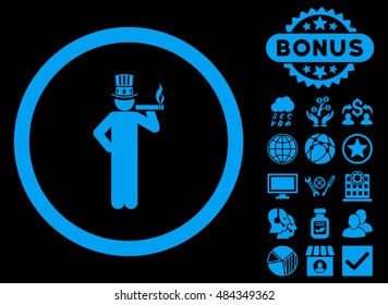 American Capitalist icon with bonus design elements. Vector illustration style is flat iconic symbols, blue color, black background.