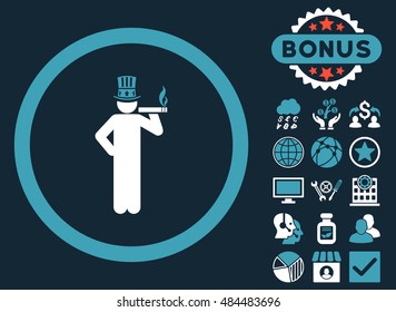 American Capitalist icon with bonus images. Vector illustration style is flat iconic bicolor symbols, blue and white colors, dark blue background.