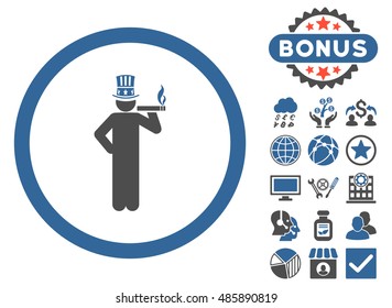 American Capitalist icon with bonus images. Vector illustration style is flat iconic bicolor symbols, cobalt and gray colors, white background.
