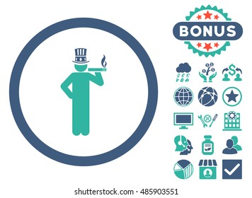 American Capitalist icon with bonus pictogram. Vector illustration style is flat iconic bicolor symbols, cobalt and cyan colors, white background.