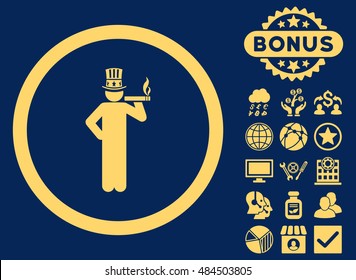 American Capitalist icon with bonus symbols. Vector illustration style is flat iconic symbols, yellow color, blue background.