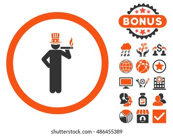 American Capitalist icon with bonus symbols. Vector illustration style is flat iconic bicolor symbols, orange and gray colors, white background.