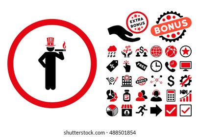 American Capitalist icon with bonus symbols. Vector illustration style is flat iconic bicolor symbols, intensive red and black colors, white background.