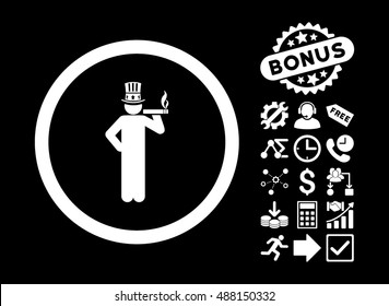 American Capitalist pictograph with bonus icon set. Vector illustration style is flat iconic symbols, white color, black background.