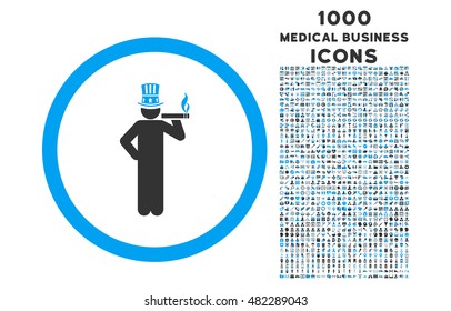 American Capitalist rounded vector bicolor icon with 1000 medical business icons. Set style is flat pictograms, blue and gray colors, white background.