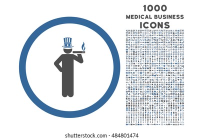 American Capitalist rounded vector bicolor icon with 1000 medical business icons. Set style is flat pictograms, cobalt and gray colors, white background.