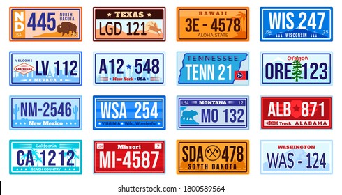 American car number plate vector illustration set. Cartoon flat retro vehicle registration numberplate collection of metal sign automobile board with digits and letters from America isolated on white