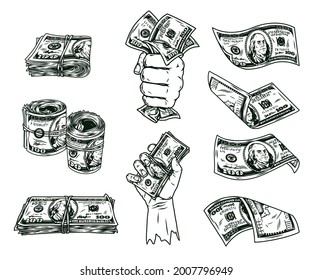 American cash notes vintage concept in monochrome style with one hundred US dollar bills and male hands with money banknotes isolated vector illustration