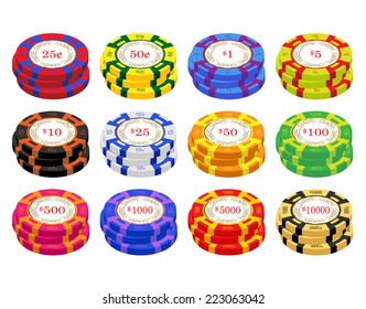 American casino chip vectors. 25 cents to ten thousand dollars