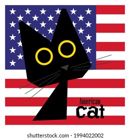 American cat. Vector illustration of a black cat on the background of the American flag. Postcard, postcard, illustration, print for cat lovers and America lovers