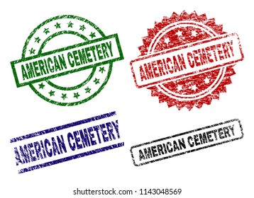 AMERICAN CEMETERY seal prints with damaged surface. Black, green,red,blue vector rubber prints of AMERICAN CEMETERY caption with retro surface. Rubber seals with round, rectangle, medal shapes.