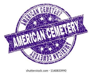 AMERICAN CEMETERY stamp seal watermark with grunge texture. Designed with ribbon and circles. Violet vector rubber print of AMERICAN CEMETERY title with grunge texture.