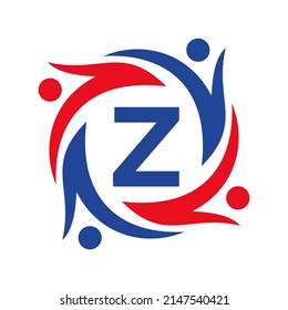 American Charity Logo on Letter Z Sign. Unite Teamwork Foundation icon Organization Care Logo