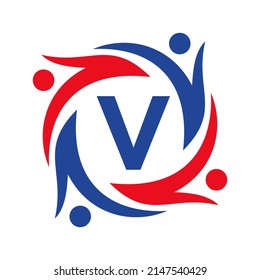 American Charity Logo on Letter V Sign. Unite Teamwork Foundation icon Organization Care Logo